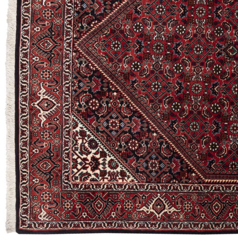 Handgeknoopt Perzisch Bijar Hoor 2-Meter Loper (Mahi / Herati Patroon) – Rode Zijde & Wol