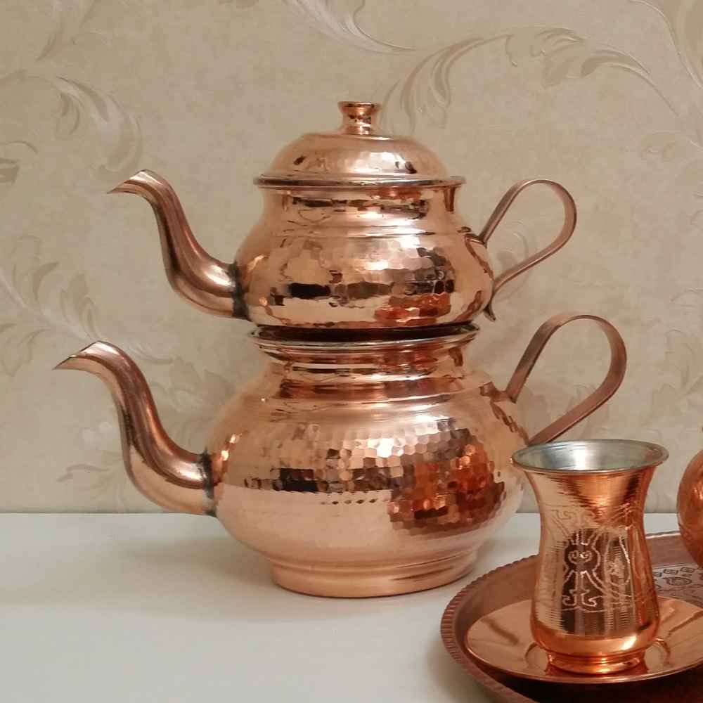 Perzische Dubbele Koperen Theepot – Rayan Gehamerd Koper