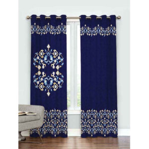 Geprinte Fluwelen Gordijn met Ringen – Navy Blue