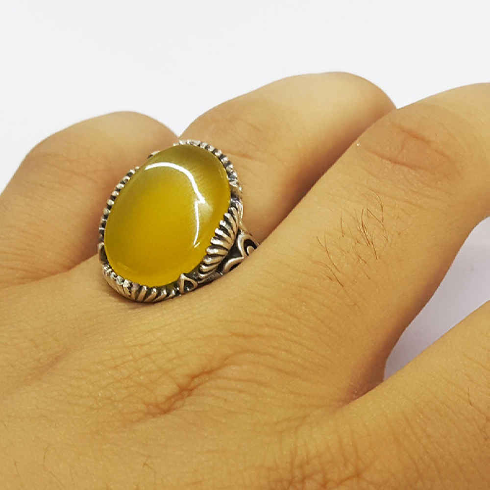 Perzische Zilveren Ring Heren – Gele Agaat Model Mahtab