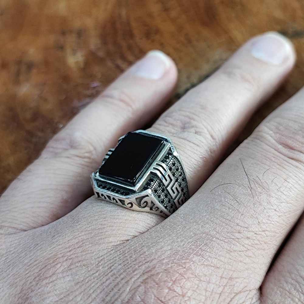 Perzische Zilveren Ring Heren – Zwarte Agaat Model Mostafa