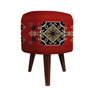 Ronde Fluwelen Voetenbank Arsham – Geometrisch Perzisch – Rood