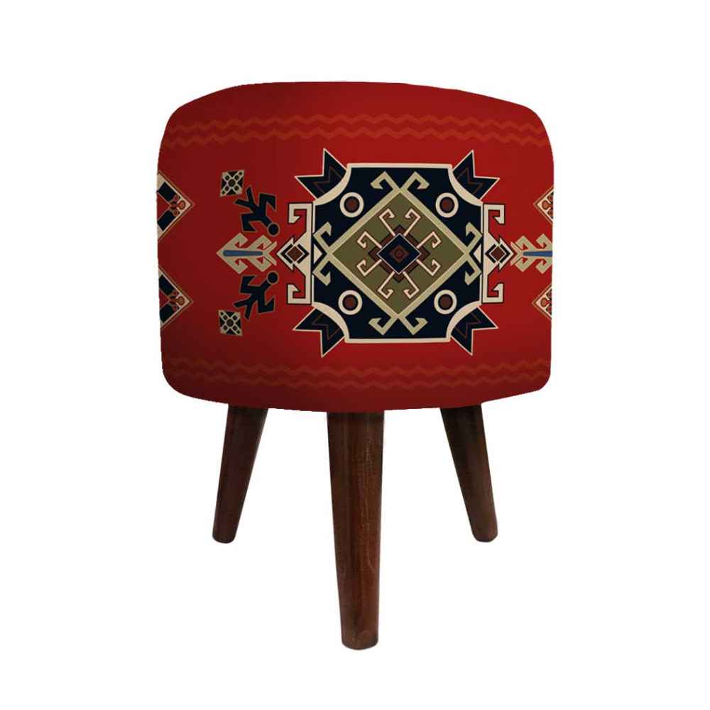 Ronde Fluwelen Voetenbank Arsham – Geometrisch Perzisch – Rood
