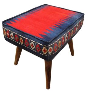 Traditionele Perzische voetenbank met houten poten en fluwelen stof Marineblauw
