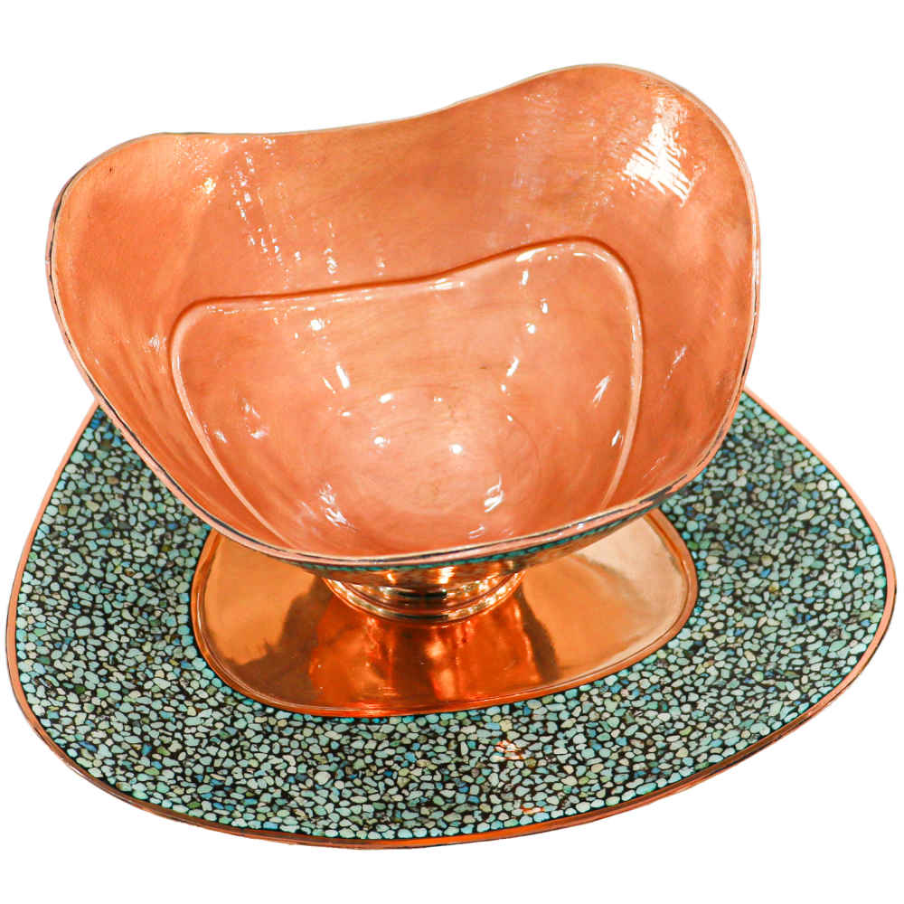 Decoratieve Perzische koperen schaal & bord set met turkoois inleg