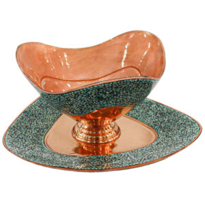 Decoratieve Perzische koperen schaal & bord set met turkoois inleg