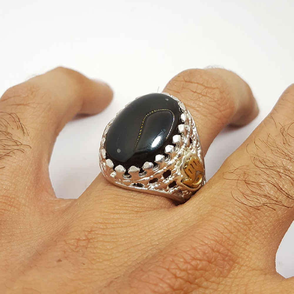 Perzische Jemenitische aqeeq zilveren ring voor heren, zwart