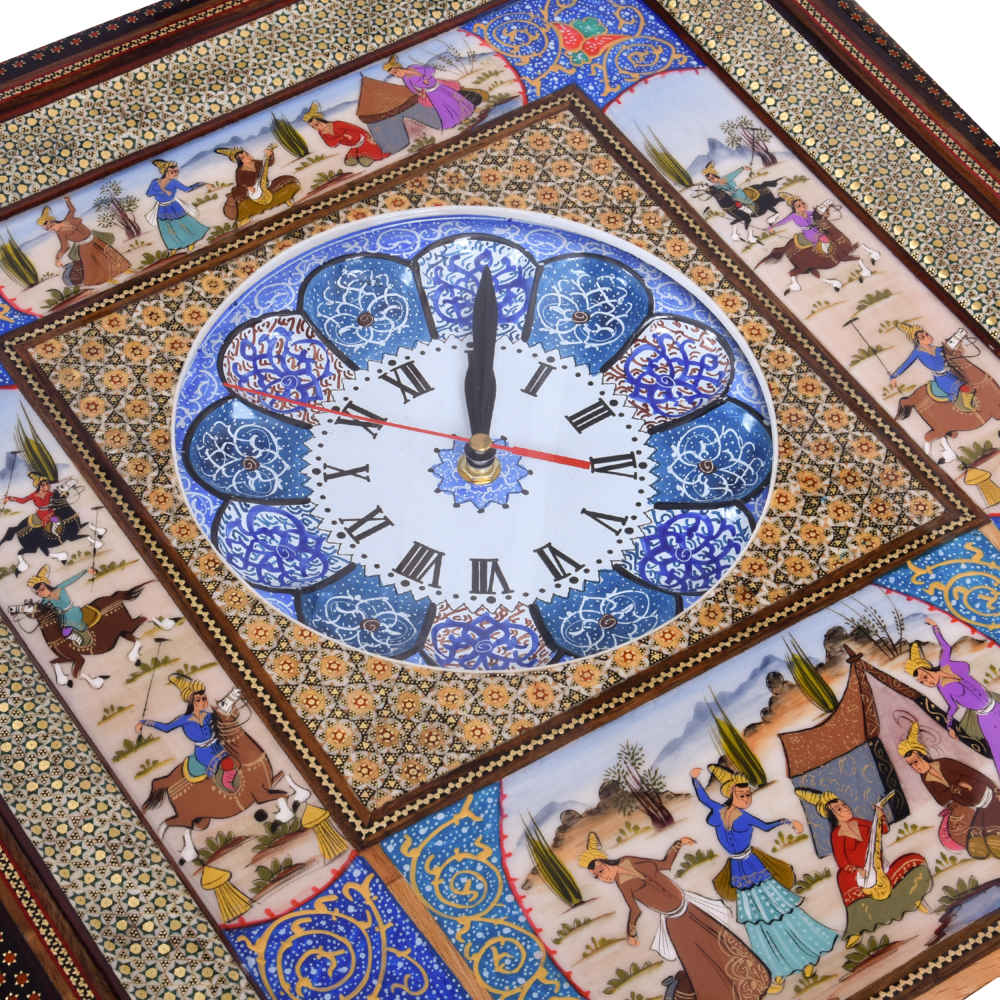 Handgemaakte Perzische Houten Wandklok – Khatam Marqueterie, Majles