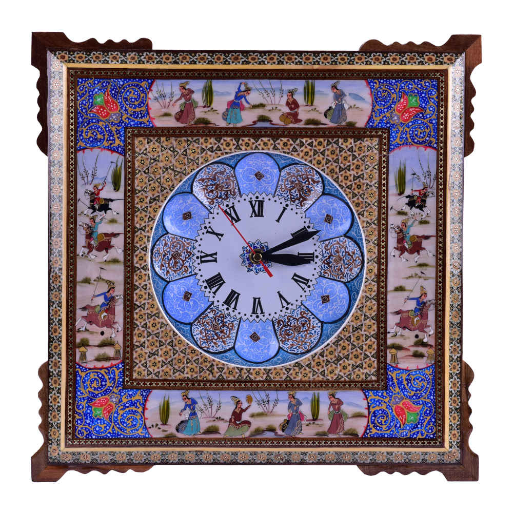 Handgemaakte Perzische Houten Wandklok – Khatam Marqueterie, Nafas