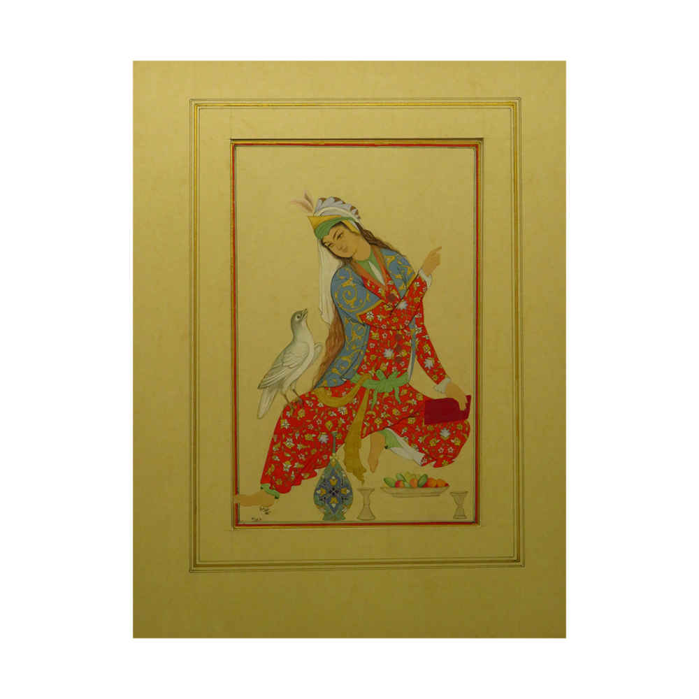 Originele Perzische Safavid Kunst Schilderij: Aquarel & Gouche op Karton – Abbasi