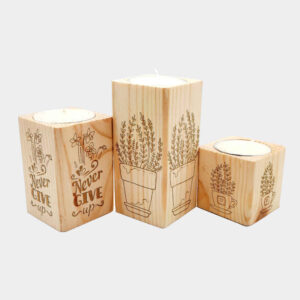 Massief Houten Kubus Waxinelichthouder Set van 3 / Never Give Up