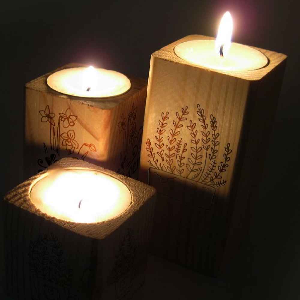 Massief Houten Kubus Waxinelichthouder Set van 3 / Never Give Up