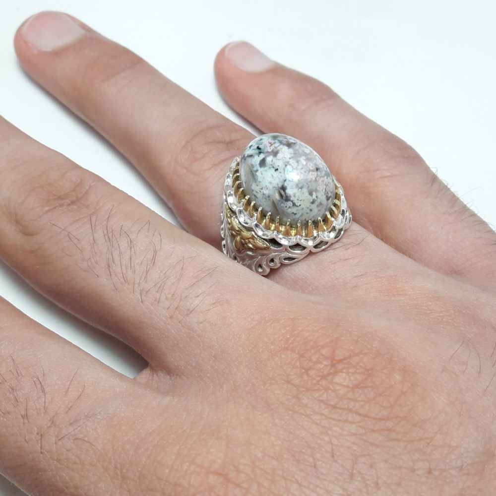 Perzische Zilveren Ring voor Mannen – Grijze Dendritische Agaat Natural