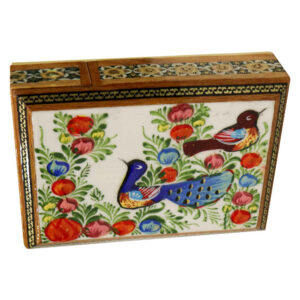Perzische Houten Kaartenbox – Khatam met Geëmailleerde Vogels