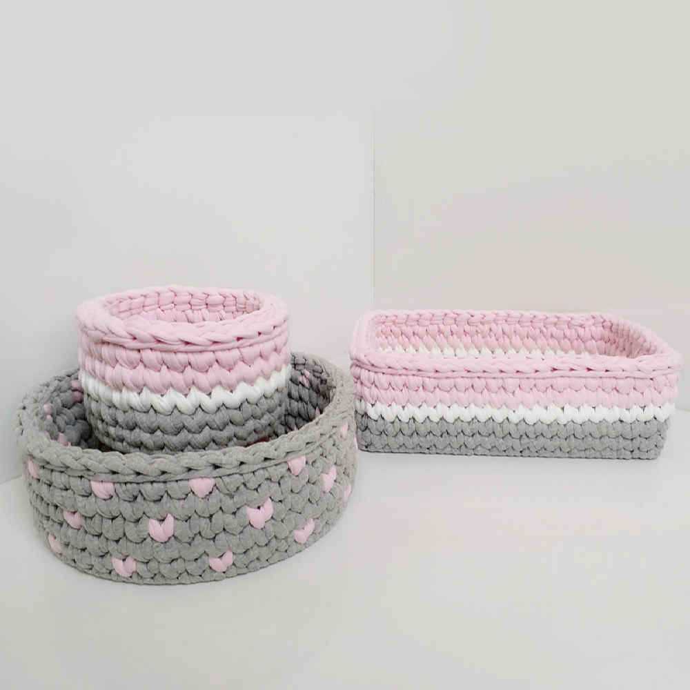 Gehaakte Opbergmanden Baby – Roze met Hart (Set van 3)