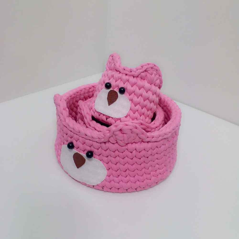 Gehaakte Opbergmanden Bear – Roze Dierontwerp (Set van 3)