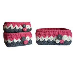 Gehaakte Opbergmanden Flower – Roze Bloemen (Set van 3)