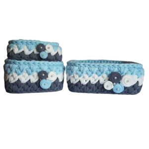 Gehaakte Opbergmanden Pegah – Blauw Bloemen (Set van 3)