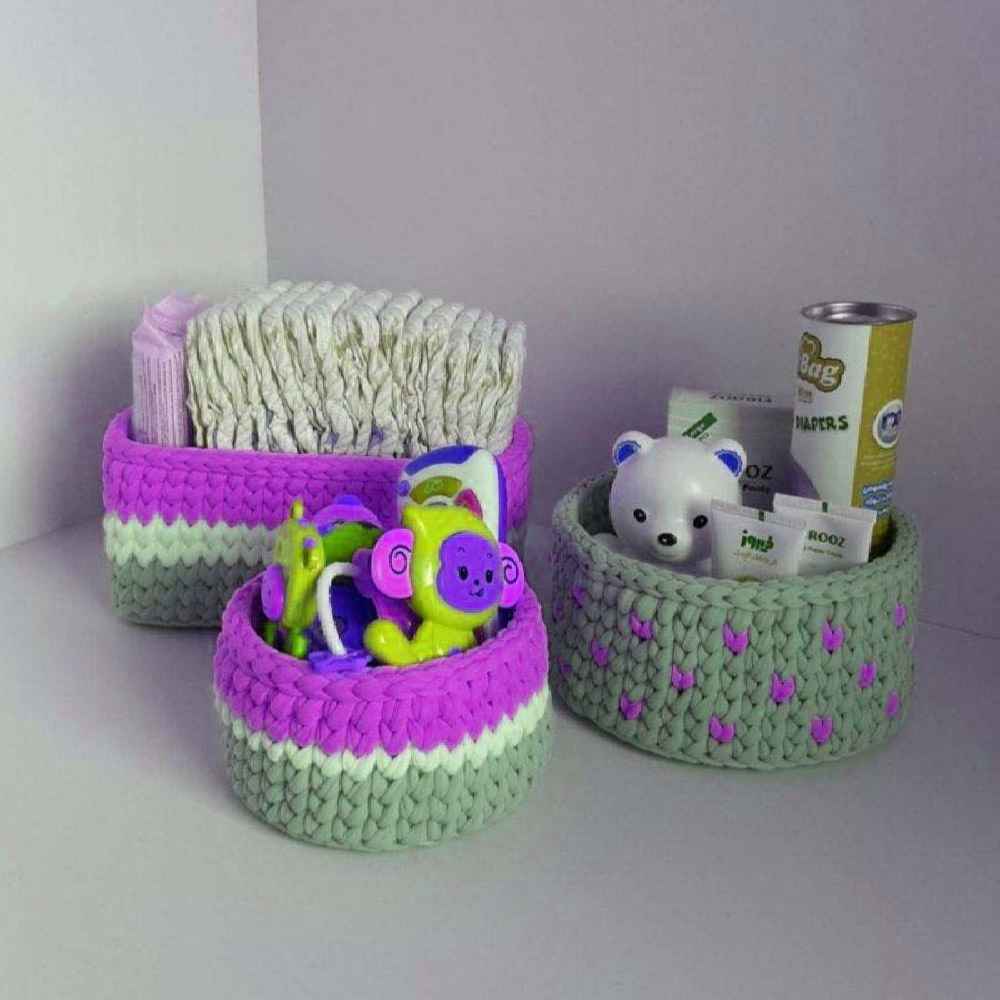 Gehaakte Opbergmanden Sana – Purper met Hart (Set van 3)