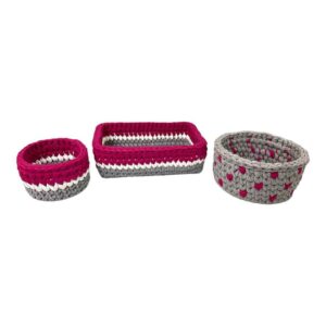 Gehaakte Opbergmanden Violet – Rood met Hart (Set van 3)