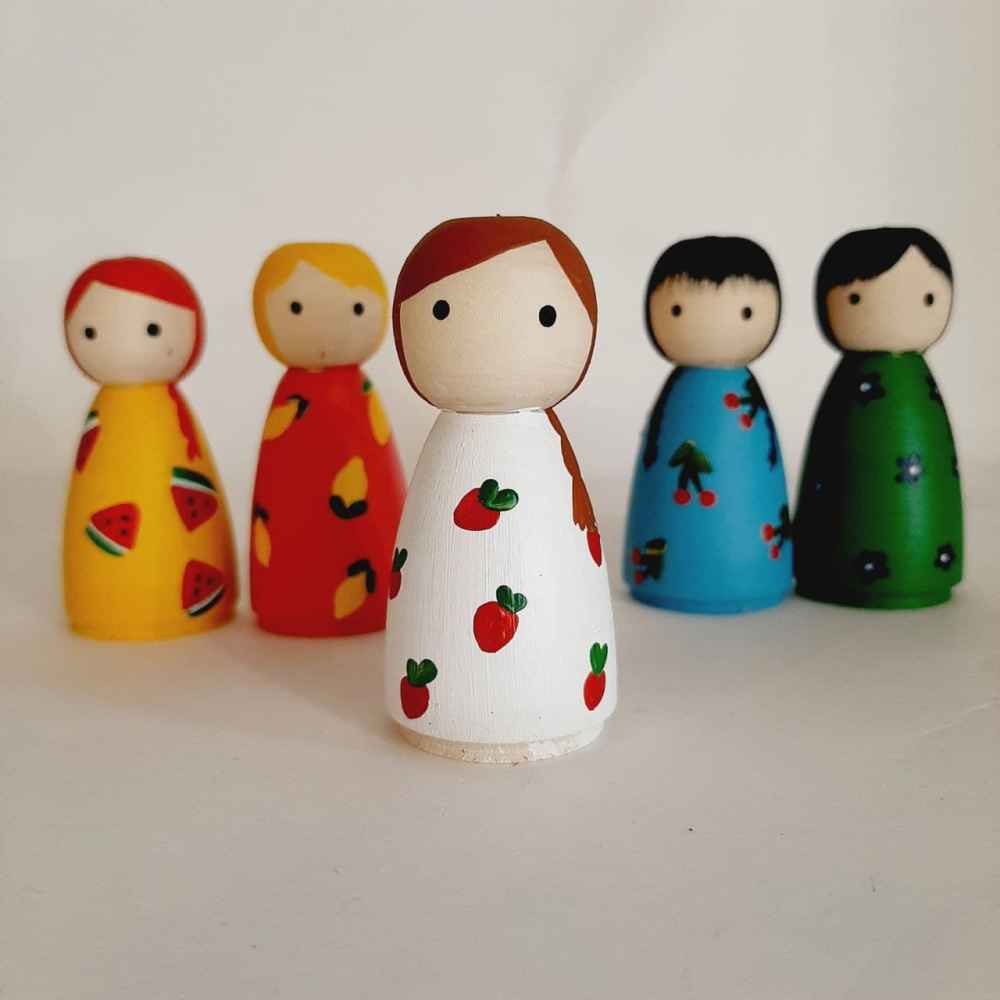 Handgemaakte houten peg-poppen – Fruitige Familie