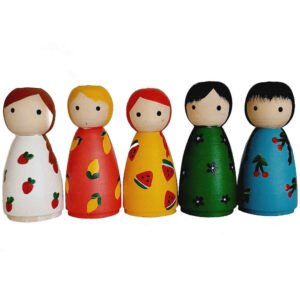 Handgemaakte houten peg-poppen – Fruitige Familie