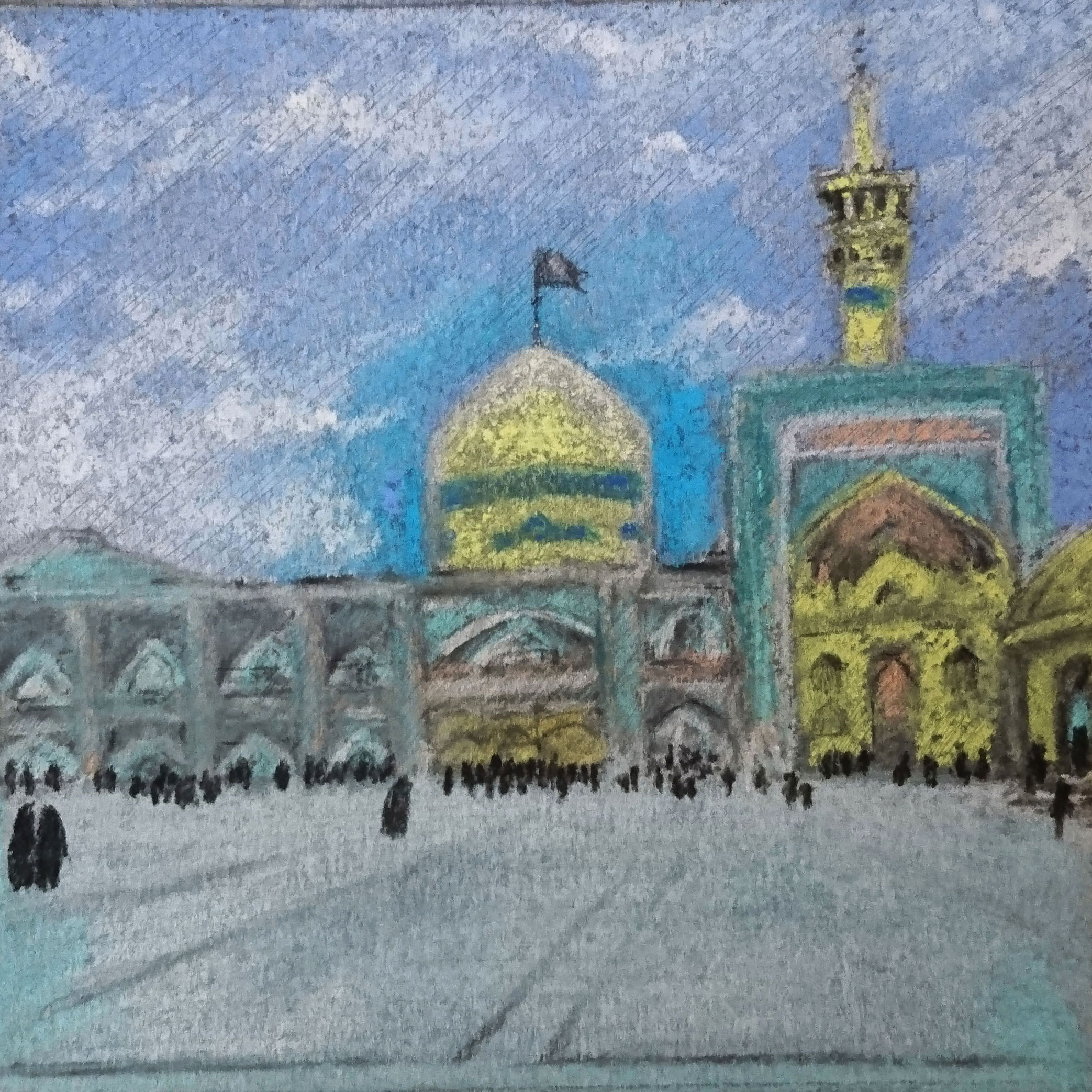 Originele realisme tekening – pastel op karton, Heiligdom van Imam Reza