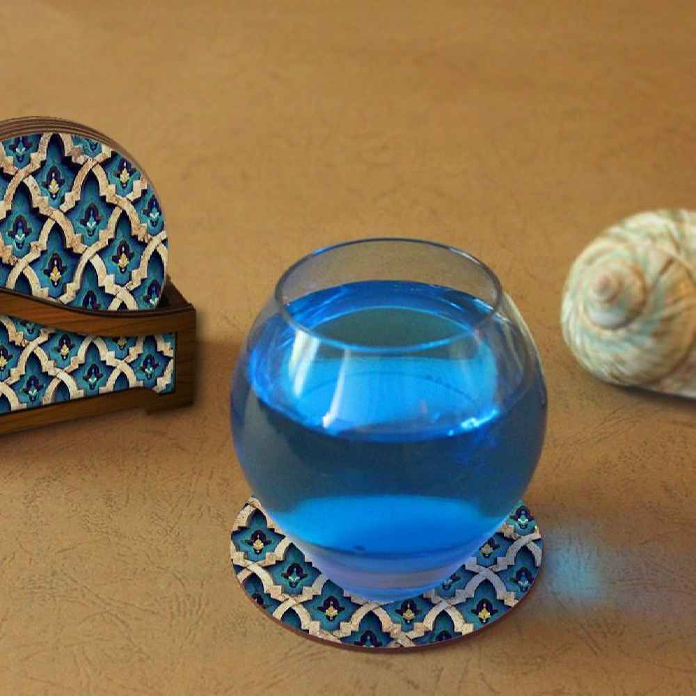 Antieke Iraanse Onderzetters met Houder – Ronde Artistieke Houten Glasonderzitter Set