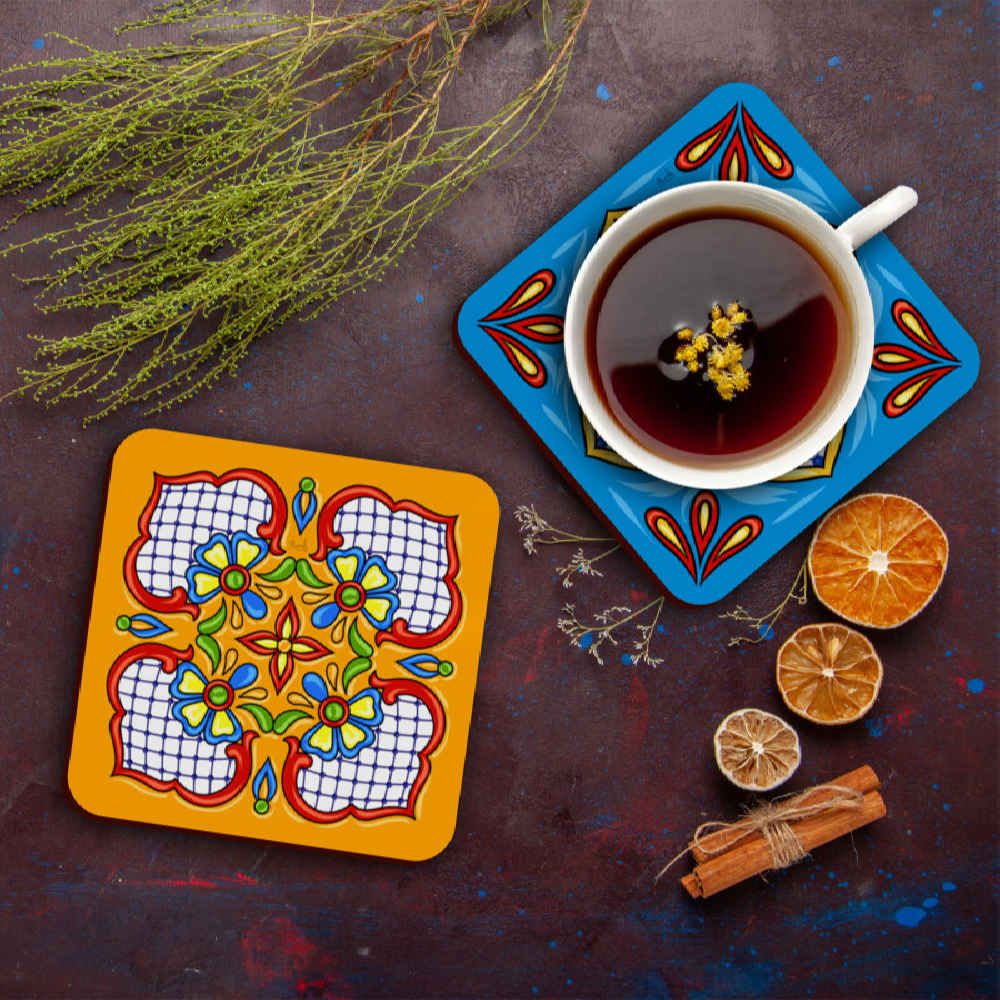 Mooie Bloemen Houten Onderzetters – Vierkante Artistieke Glasbescherming Set