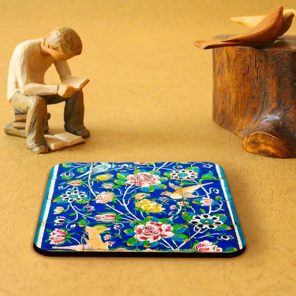 Iraanse Florale Onderzetters met Houder – Vierkante Artistieke Houten Set