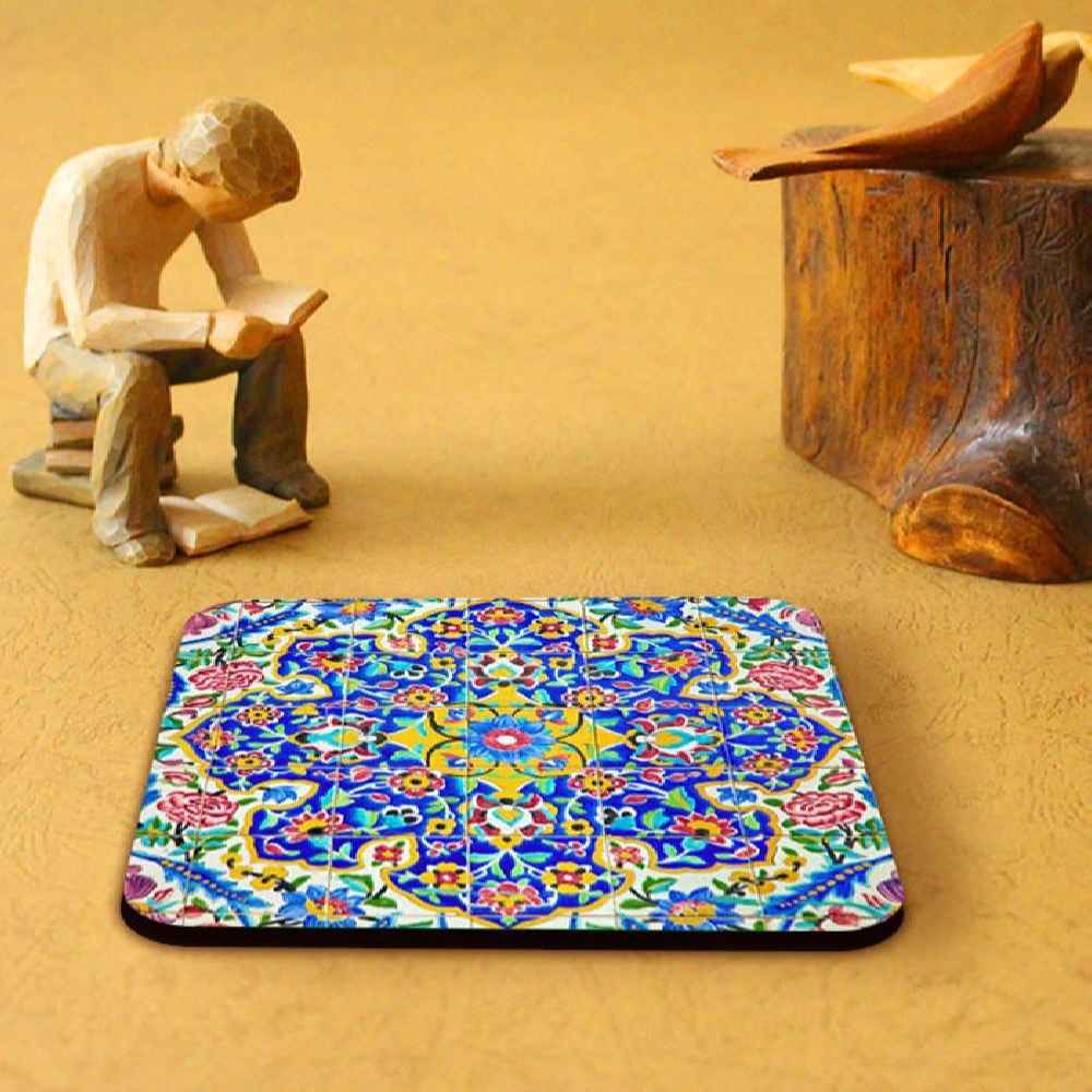 Kaashi Iraanse Florale Onderzetters met Houder – Vierkante Artistieke Houten Set