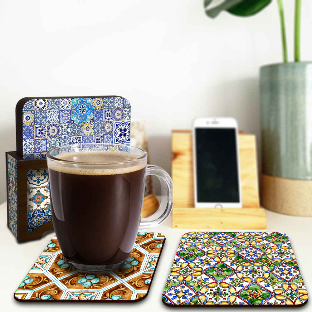 Rahil Iraanse Geometrische Onderzetters met Houder – Vierkante Artistieke Houten Set