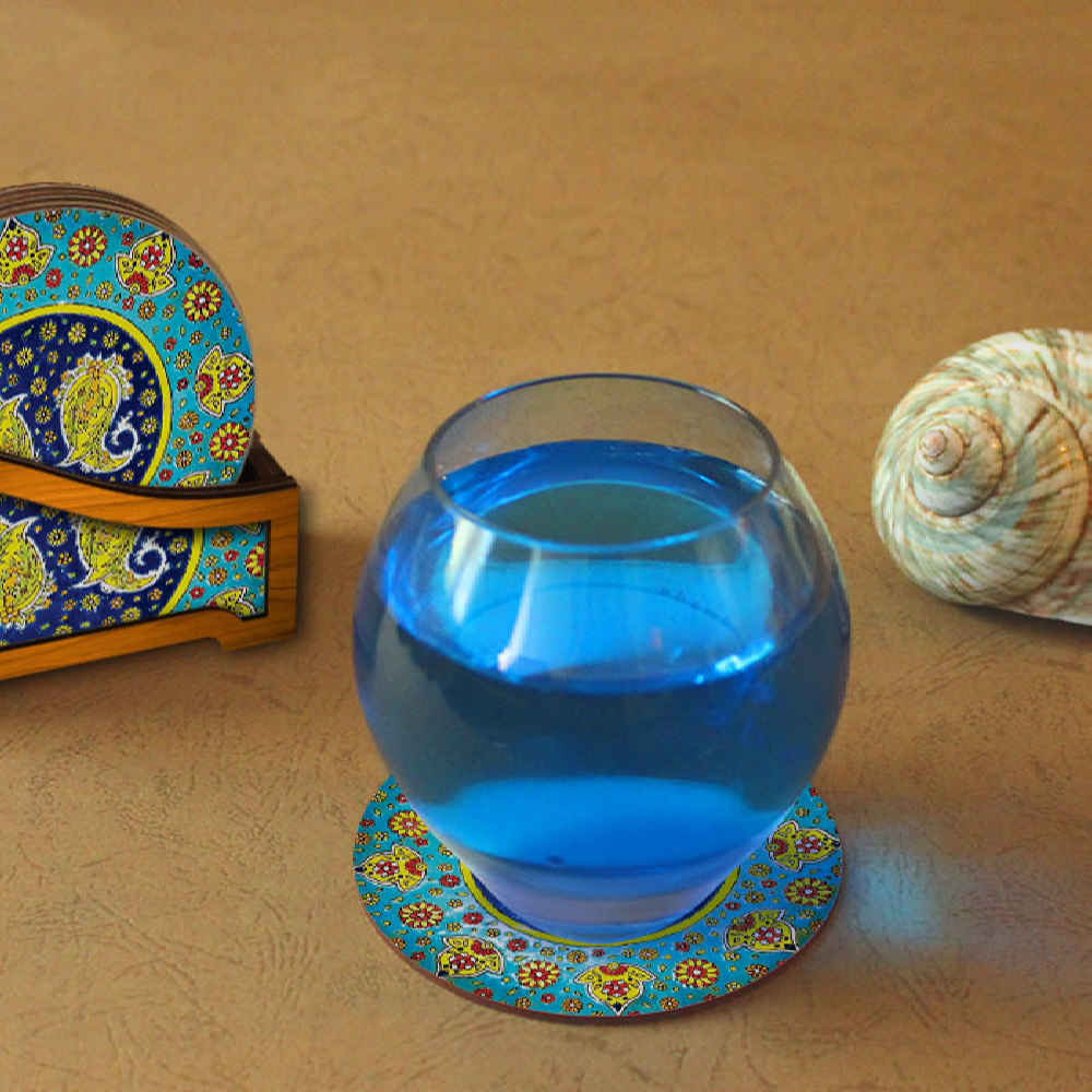 Sonati Paisley Onderzetters met Houder – Ronde Iraanse Artistieke Houten Set