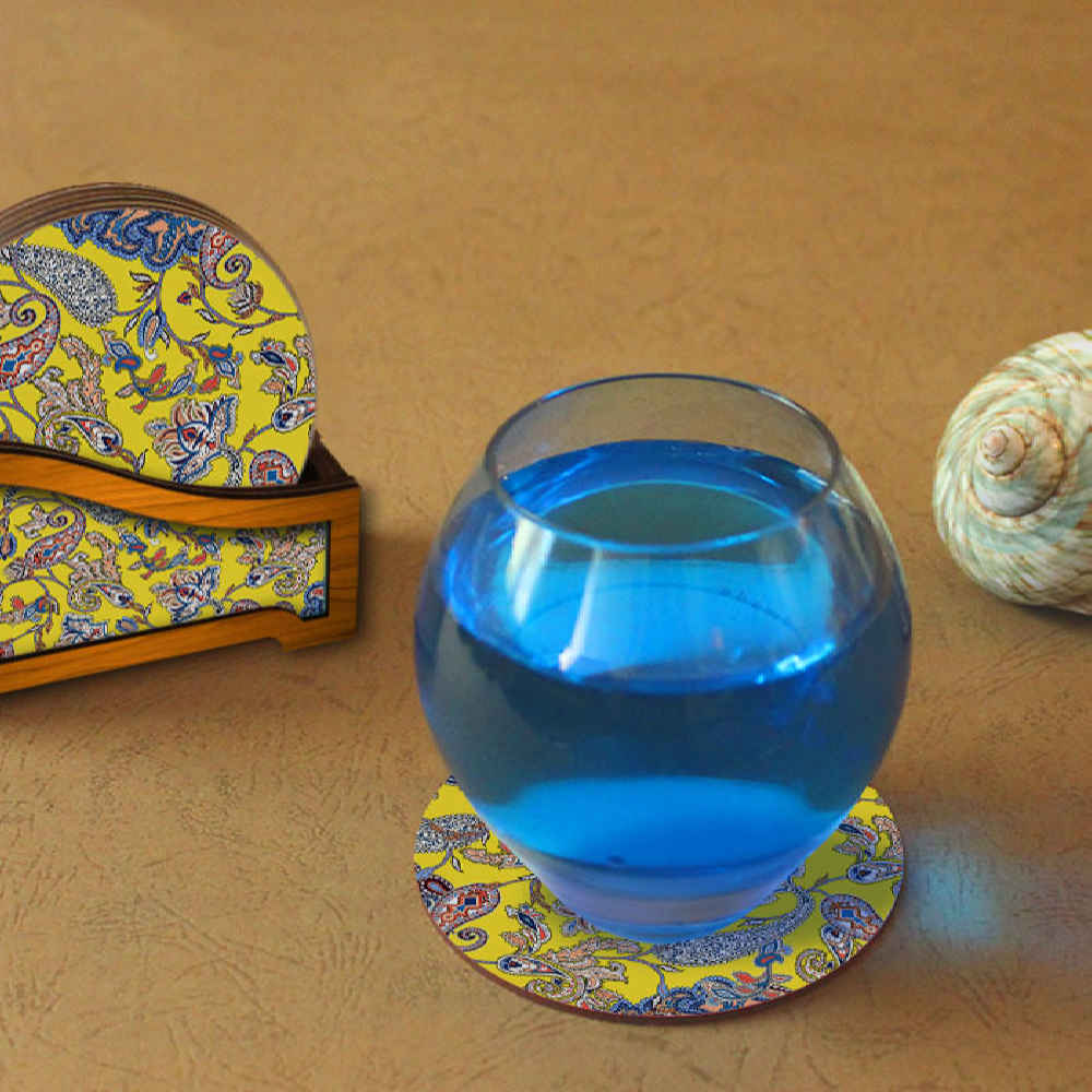 Gele Iraanse Florale Onderzetters met Houder – Ronde Artistieke Houten Set