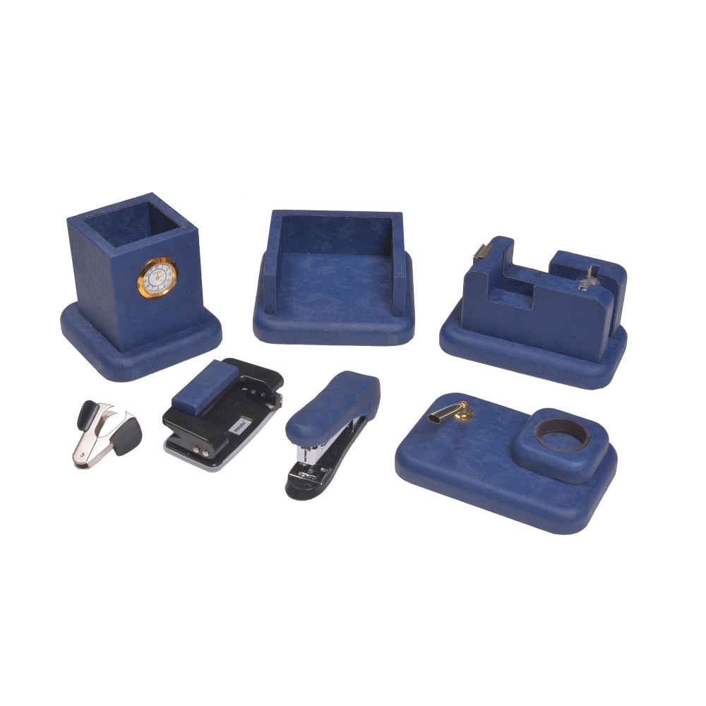 Blauwe Leren Bureau Organizer Set – 8-delig