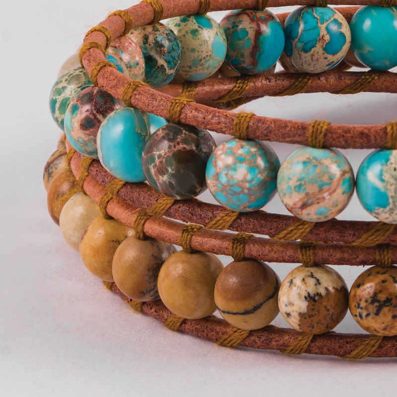 Gouden kralenarmband met leer en turkoois voor vrouwen