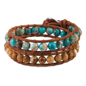 Gouden kralenarmband met leer en turkoois voor vrouwen