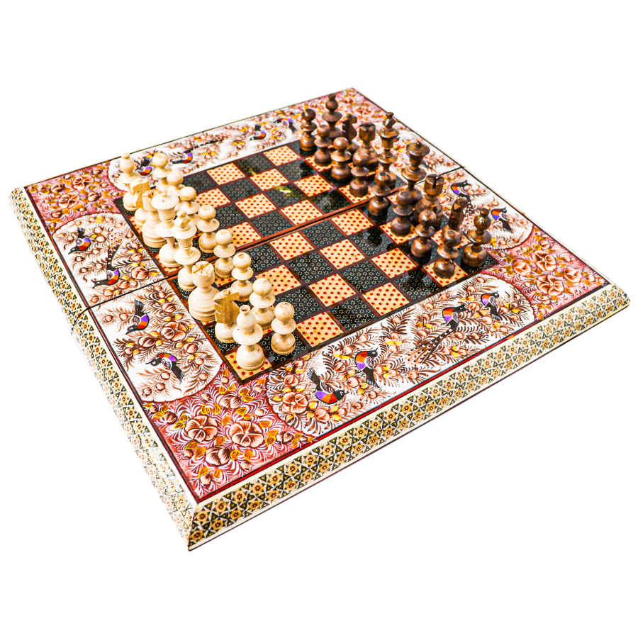 Perzisch Ingelegd Houten Marqueterie Schaakbord Model Birds