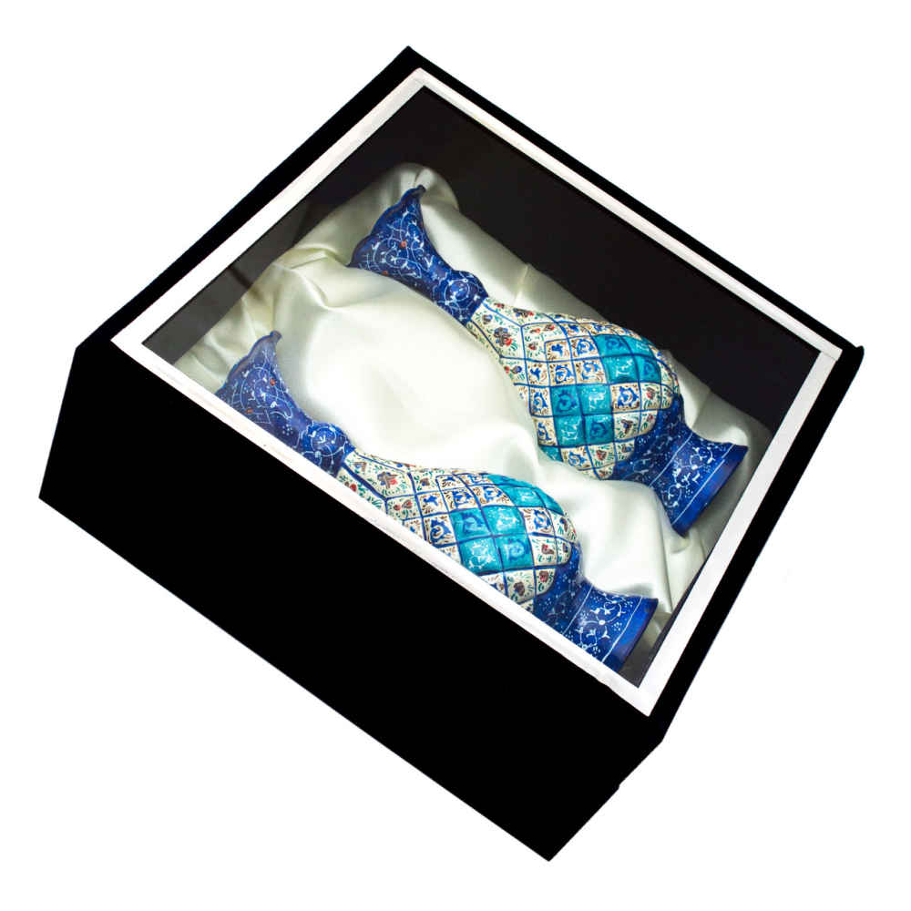 Set van 2 decokoperen vazen, handbeschilderd met Perzisch Minakari-email, Sarahi-geometrie-patroon