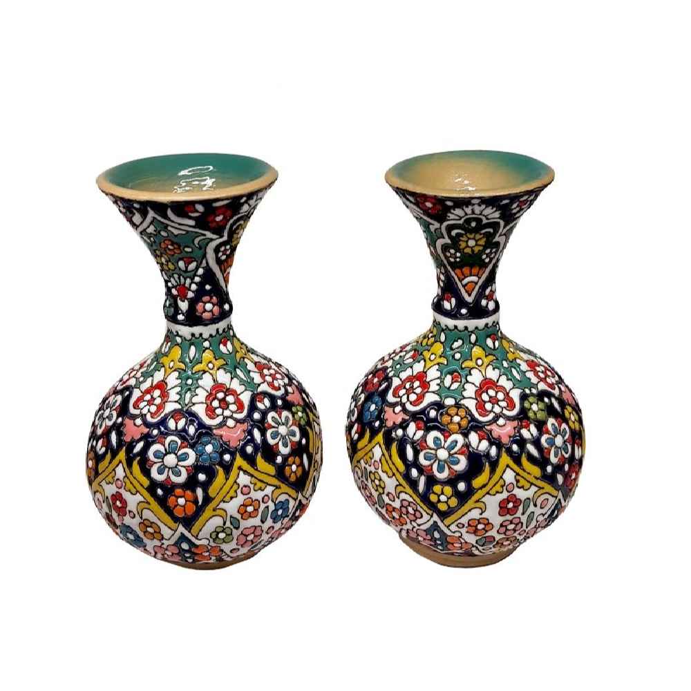 Set van 2 deco-aardewerkvazen, handbeschilderd met Perzisch Minakari-email voor een traditionele bloemenpresentatie