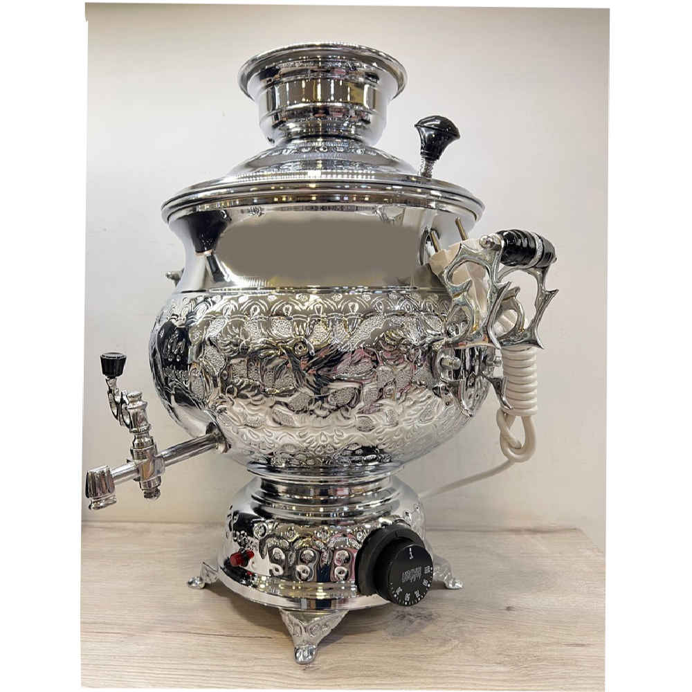 Perzische Elektrische Samovar – Zilverkleurig met Bloemenreliëf – 6 Liter
