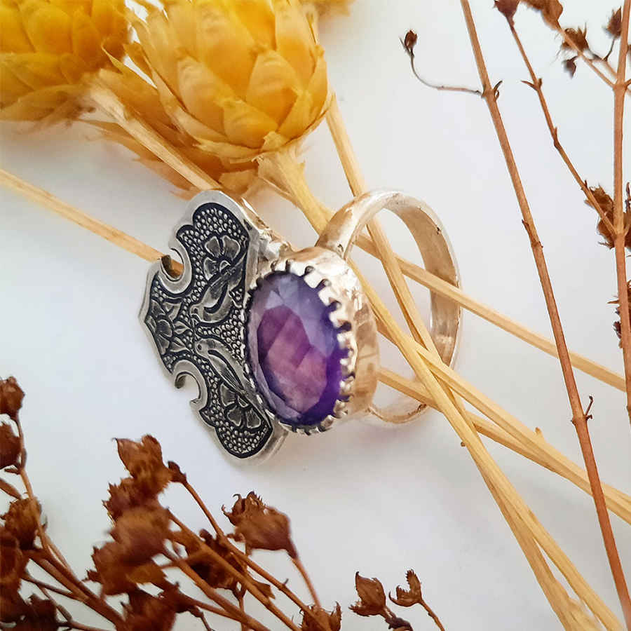 Traditionele Perzische Paarse Amethist Zilveren Ring voor Dames
