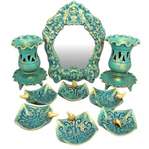 Aardewerk Haftseen Set met Spiegel voor Nowruz – Birds Turkoois