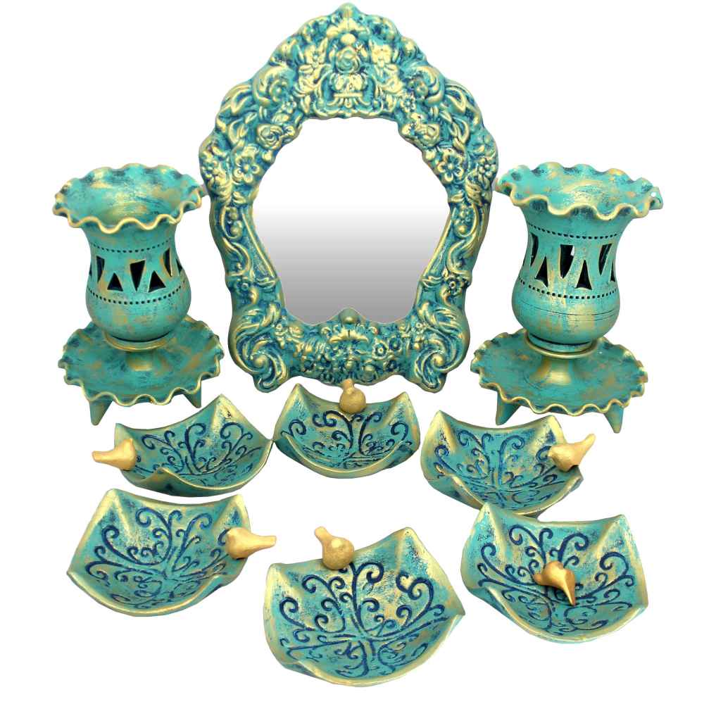 Aardewerk Haftseen Set met Spiegel voor Nowruz – Birds Turkoois
