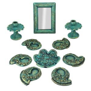 Aardewerk Haftseen Set met Spiegel voor Nowruz – Paisley Turkoois