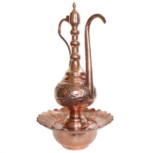 Decoratieve Perzische koperen Aftabeh met bekken – model Toopi