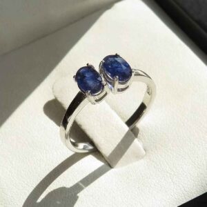 Blauwe Robijn Verlovingsring Zilver Twins