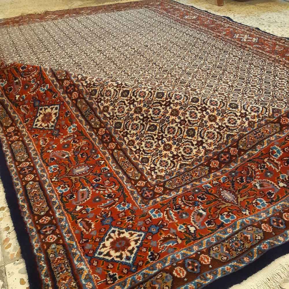 Handgeknoopt Perzisch Birjand Bahareh Tapijt (Mahi / Herati Patroon) – Rode Wol
