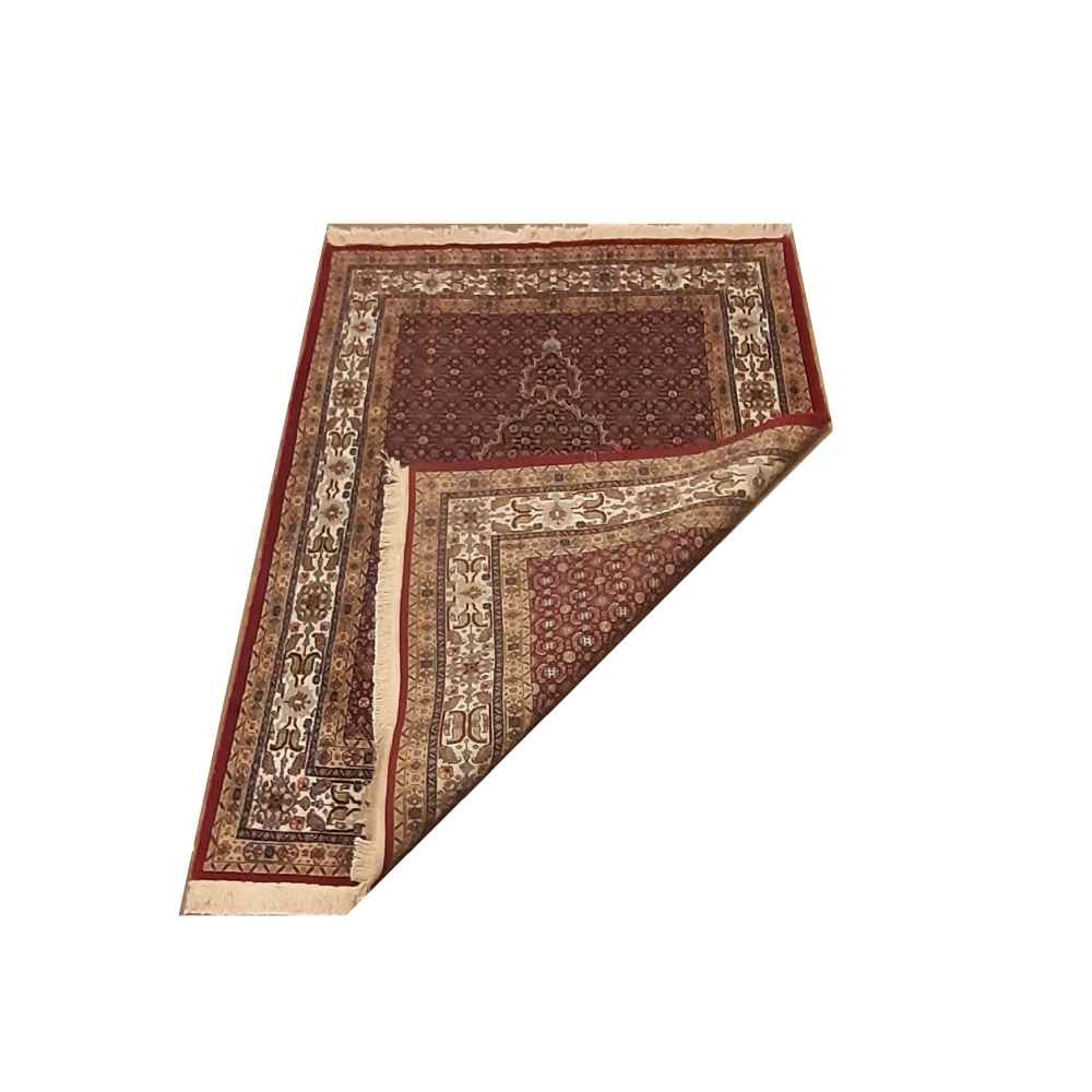 Handgeknoopt Perzisch Birjand Riz Mahi Tapijt (Mahi / Herati Patroon) – Rode Zijde & Wol