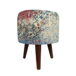 Ronde Fluwelen Voetenbank – Perzisch Patina Bloemen – Grijs